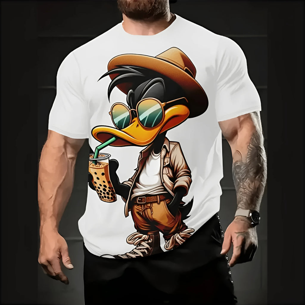 Men's loose fit t-shirt with 3D cartoon print on linen milk silk fabric