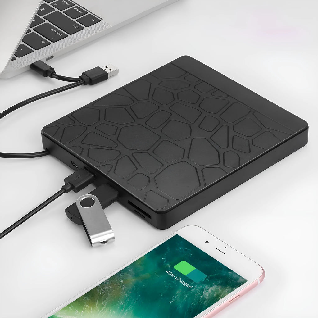 Black 5-in-1 external optical drive for notebook computer with dual interface, size 15.4x14.3x1.8cm