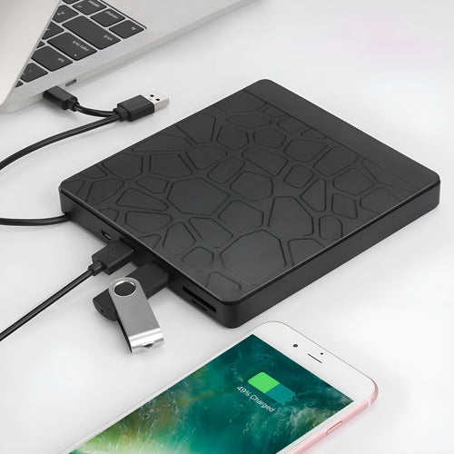 Black 5-in-1 external optical drive for notebook computer with dual interface, size 15.4x14.3x1.8cm