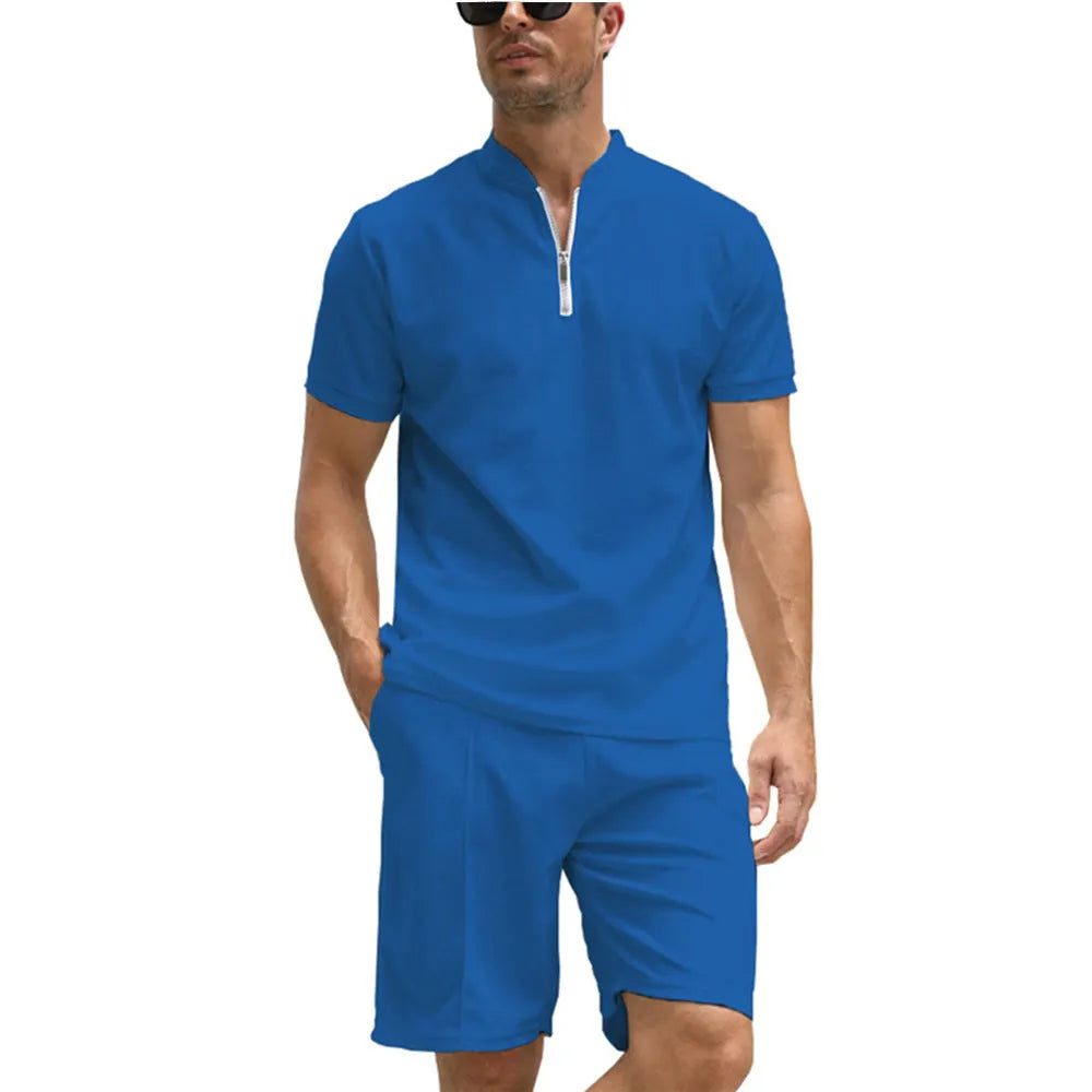 Men's solid colour polo shirt and trouser two-piece casual suit set.