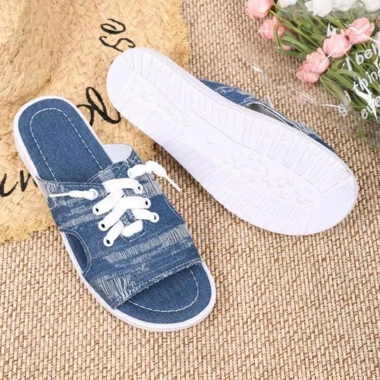 Blue women's Roman style canvas slippers with cloth upper and rubber sole in sizes 36-43