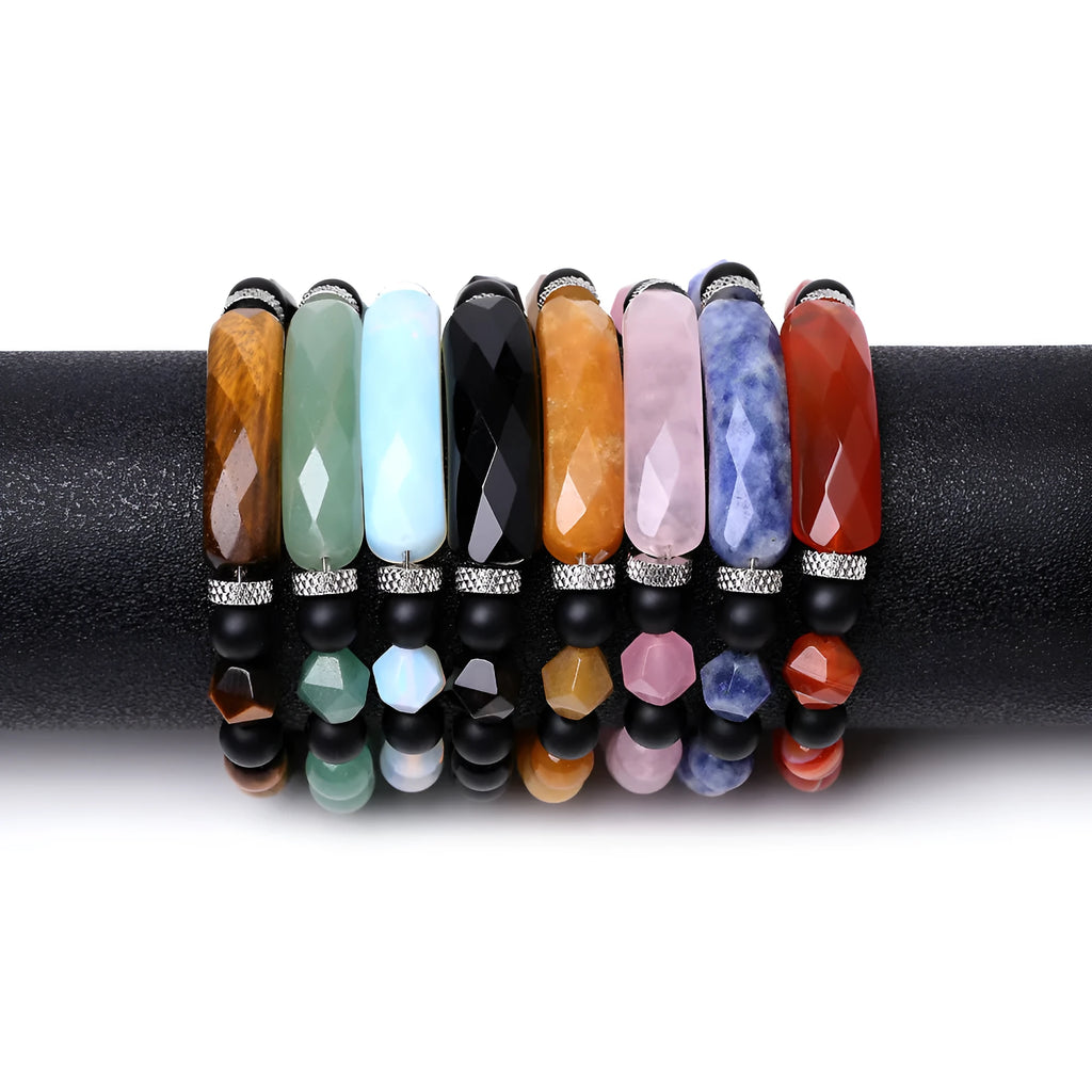 Handmade diamond-cut geometric agate bracelet with faceted beads and fan-shaped design elements