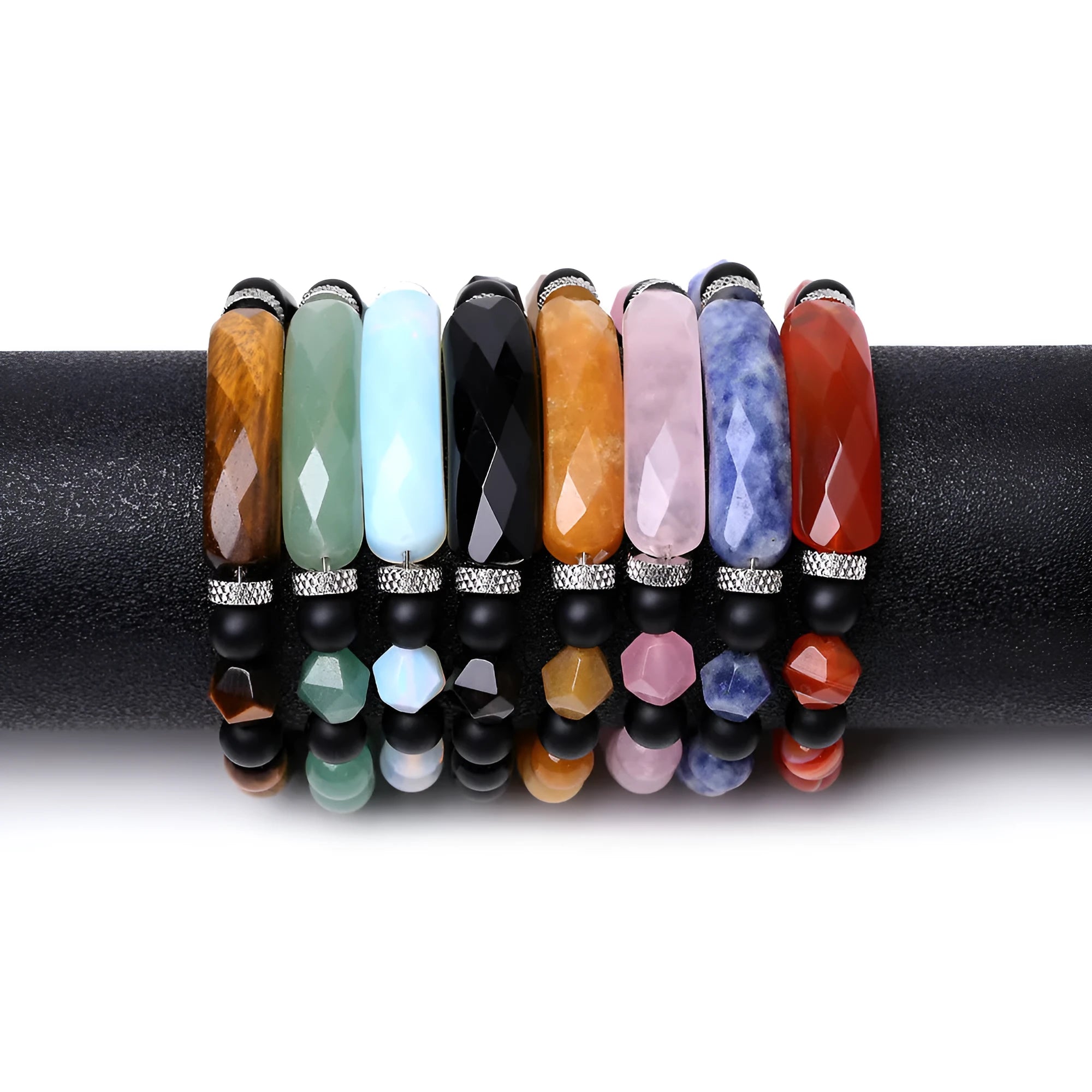 Handmade diamond-cut geometric agate bracelet with faceted beads and fan-shaped design elements