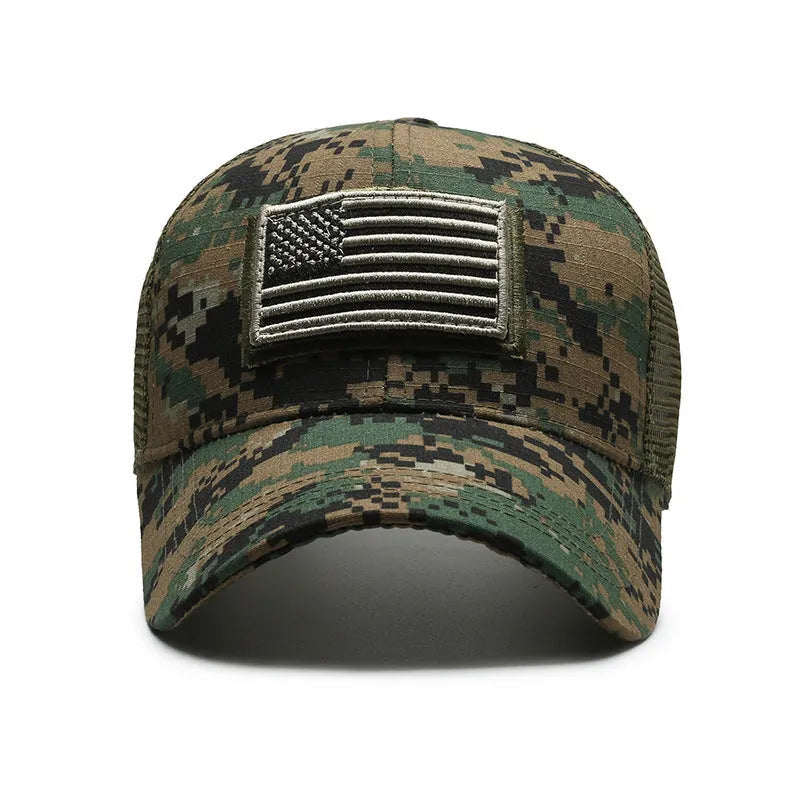 Adjustable tactical camouflage baseball hat with Velcro tear mark patches in dome style