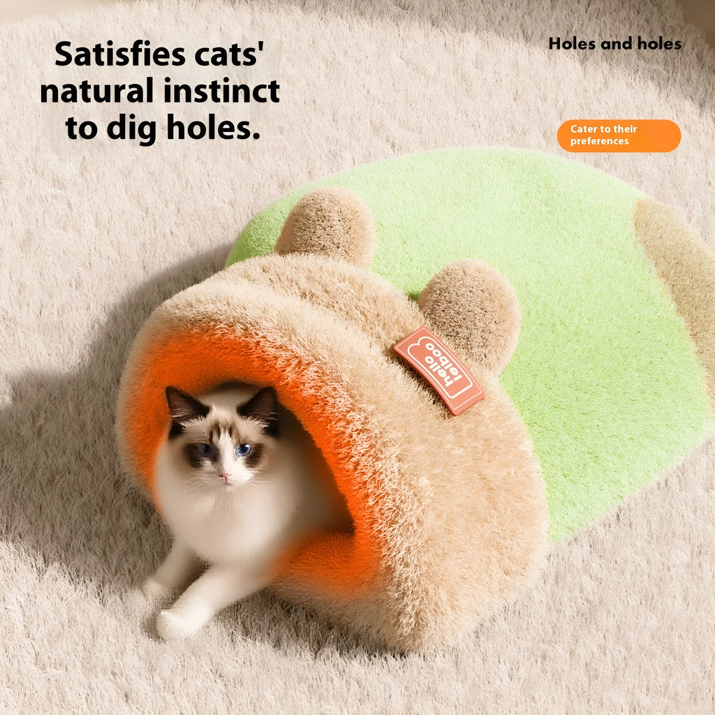 Plush winter warm cat closed sleeping bag in green honey pot, purple honey pot, yellow monster, or purple monster, L 45x38cm or XL 55x46cm