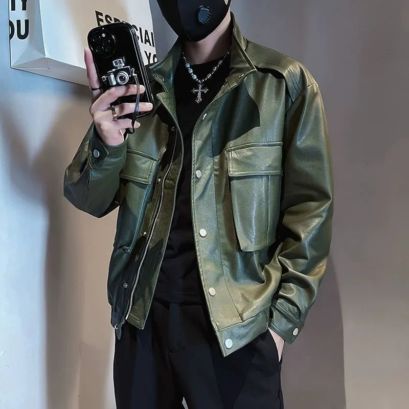 Men's black PU leather pilot jacket with straight hem and side pockets, Korean style.