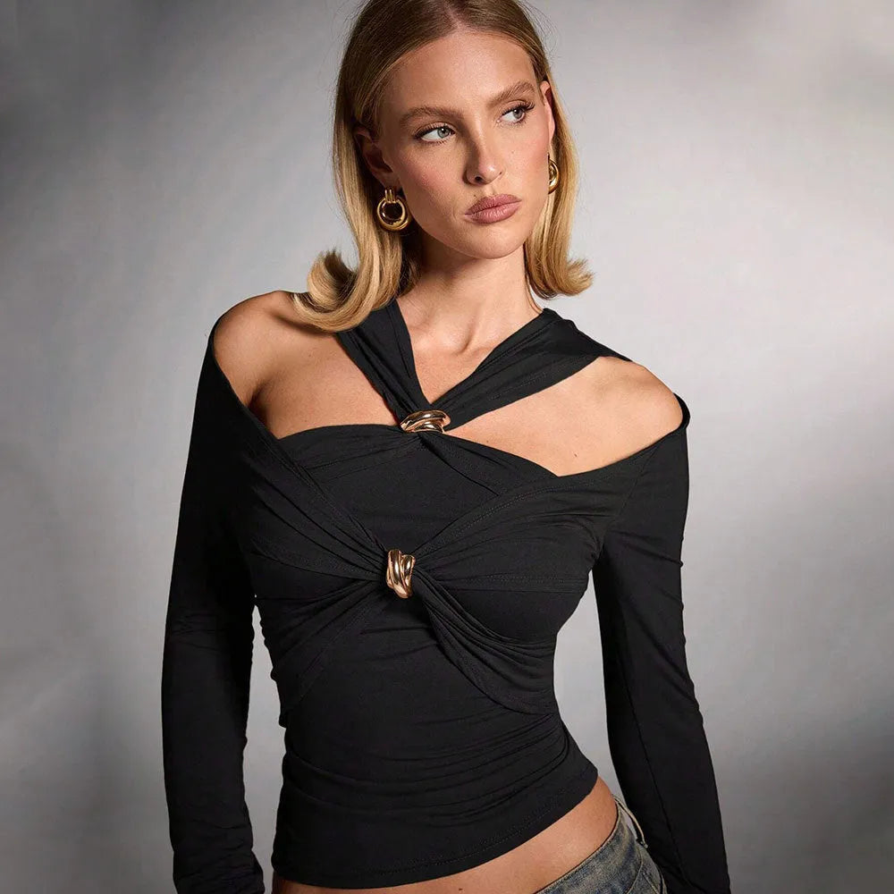 Black women's halter top with slim fit and long sleeves on a model.