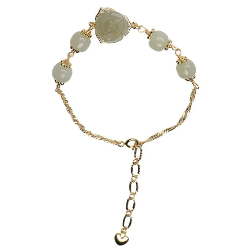 Original design women's bracelet in Hetian Jade Rose with 14K gold plating and a flower shape.