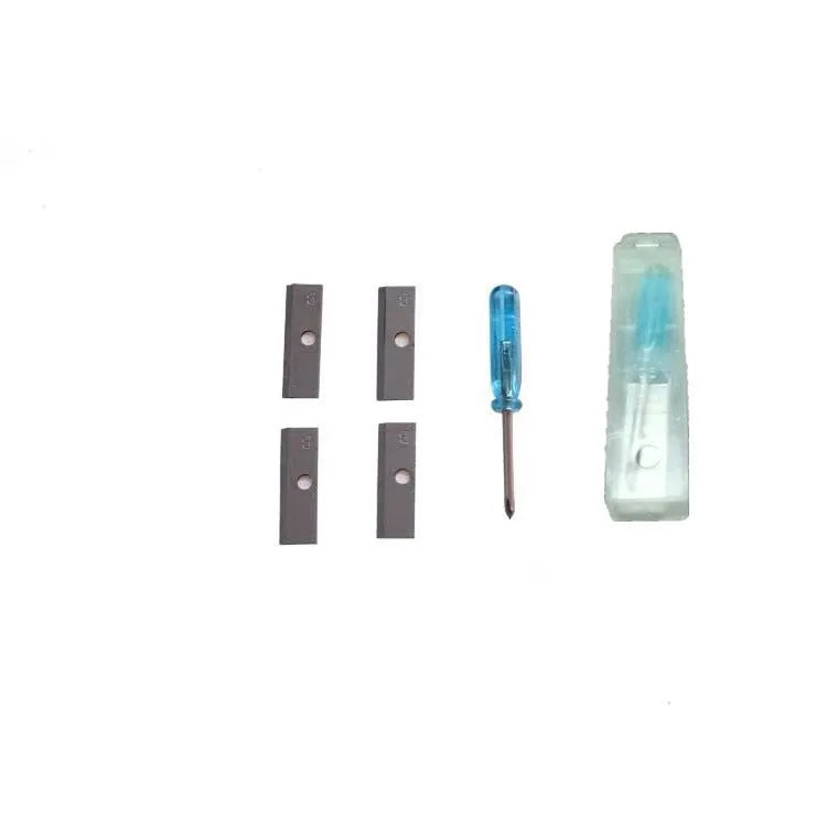 Geometric-shaped plastic pencil sharpener with four holes, four blades, and a screwdriver on a white background.