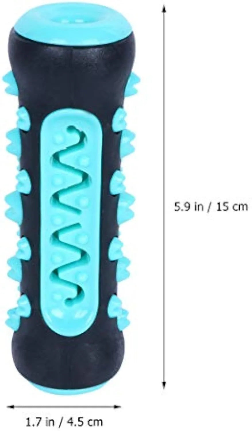 Natural rubber dog dental chew toy in blue, green, yellow, and black blue colours.
