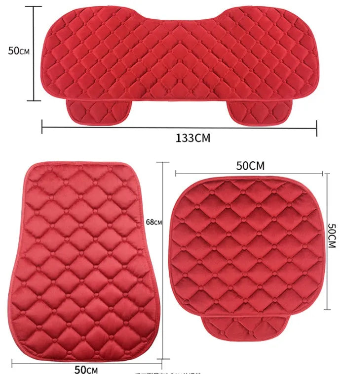 Ringer plush cotton winter car seat cushion shown in a burgundy colour on a car seat.