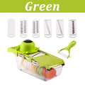 Multifunctional vegetable cutter with 7 stainless steel blades on a kitchen counter, compact 31.8 x 11.5 x 11.5 cm size