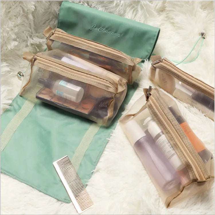 4pcs foldable cosmetic travel bag set in assorted colours made from polyester with zipper pockets