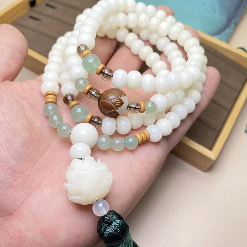 White Jade Bodhi 108-bead mala bracelet shown in three different style variations.
