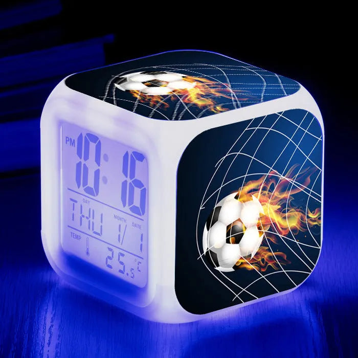 Football pattern digital alarm clock with cartoon design and mute alarm function