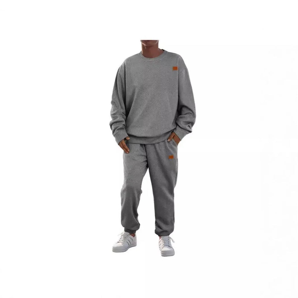 Men's round neck sweater set with long sleeve top and trousers in polyester blend, shown in black, beige, gray, khaki and army green