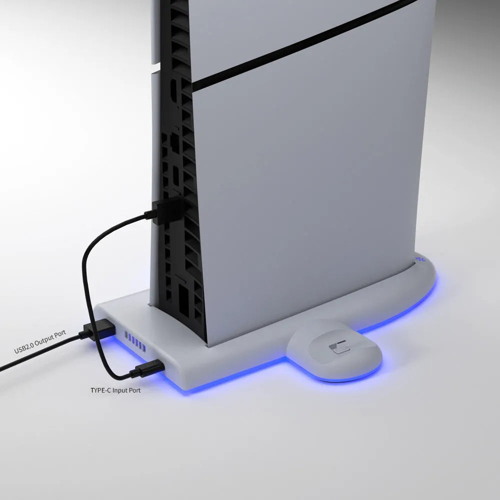 White PS5 cooling stand with RGB lighting and integrated controller charger for PS5 Slim consoles