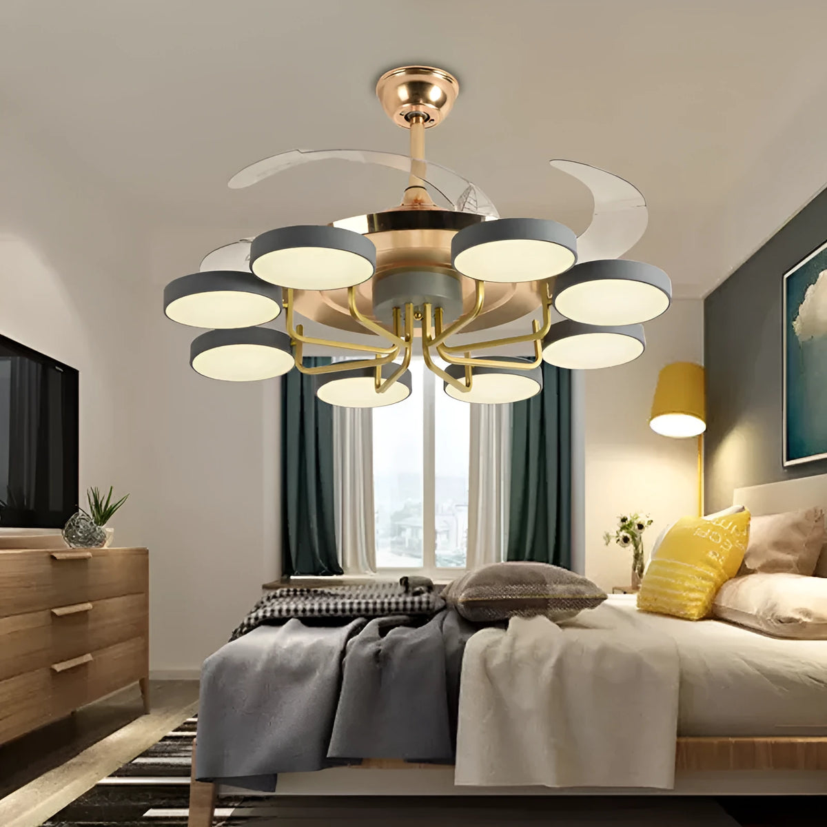 Modern 42 inch 8-head LED ceiling fan lamp with remote control in a living room setting