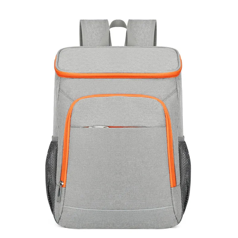 Large black outdoor thermal picnic backpack with curved shoulder straps on a gray background.