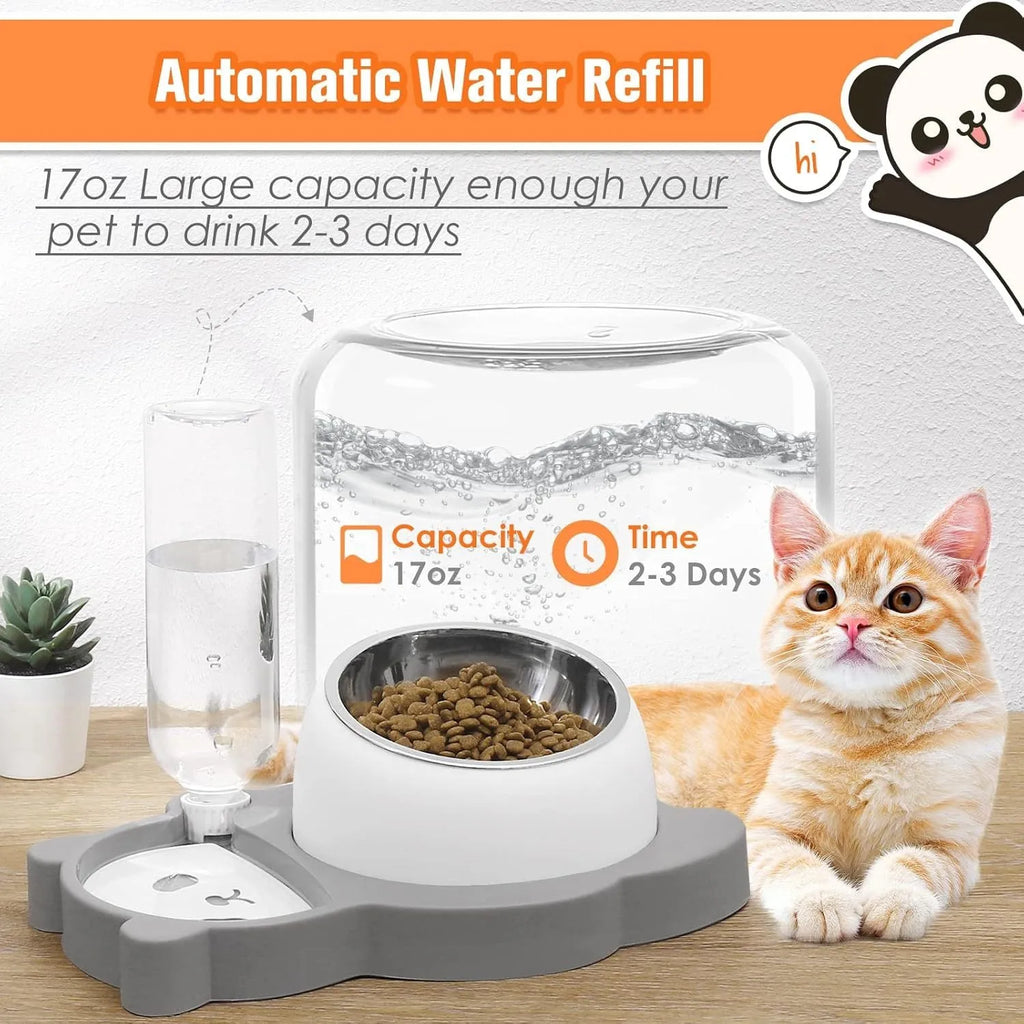 Grey panda-shaped raised pet feeder with tilted stainless steel bowls and a water bottle on a white background.