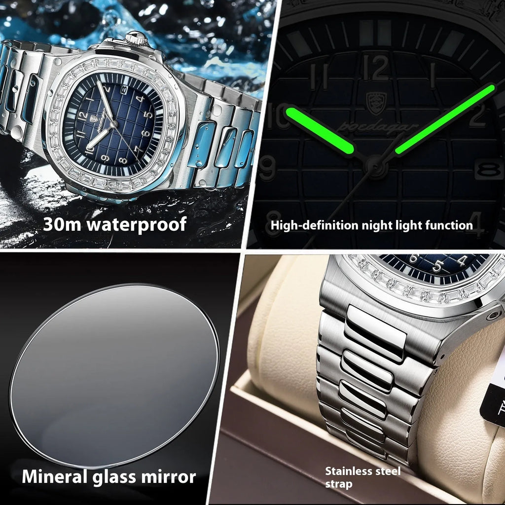 Men's quartz watch with 41.5mm dial, stainless steel strap, alloy case, and luminous waterproof design