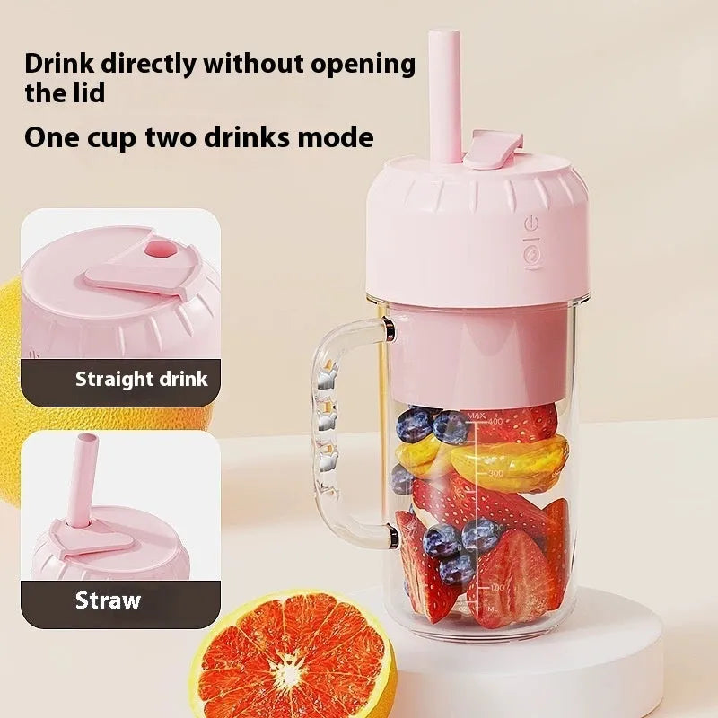 Compact USB-powered portable juicer in avocado green or cherry blossom pink colour.