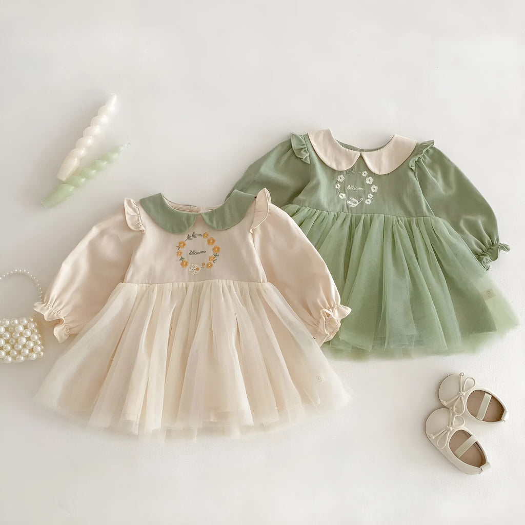 Girls' floral spring dress, long sleeve cotton, beige and pastoral green, suitable height 73-120