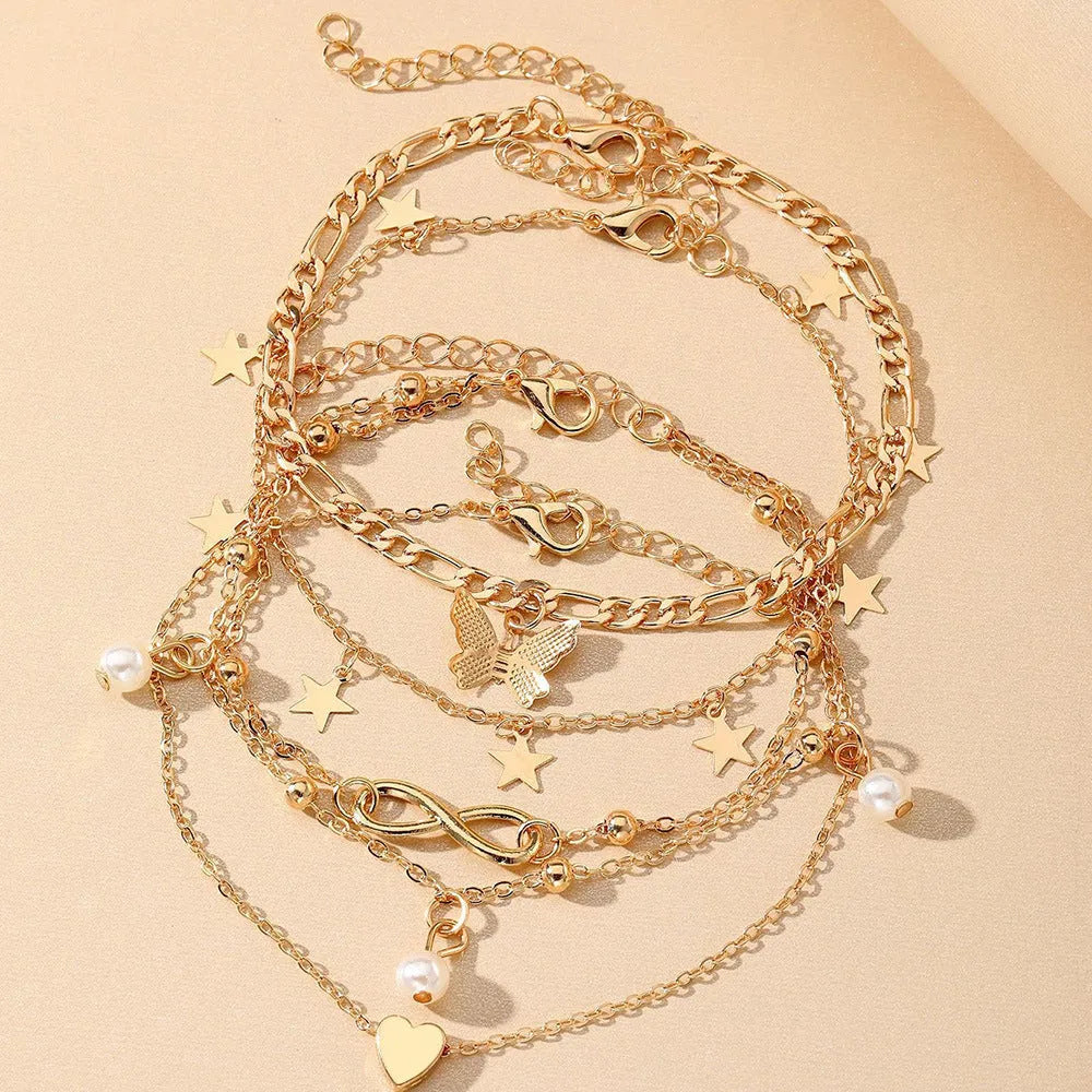 Butterfly pearl heart anklet set of four silver-tone alloy foot chains for women