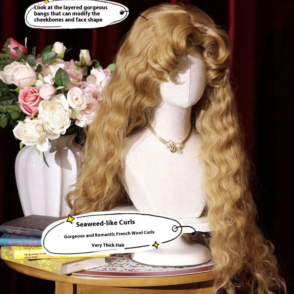 French Fluffy Small Curls Lolita Long Wig in French Golden Brown with hairnet, high temperature fibre