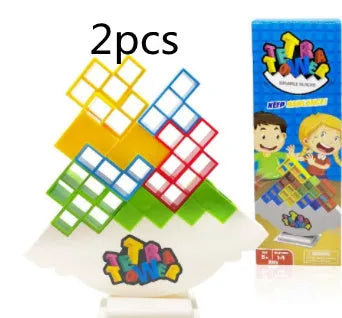Plastic balance stacking game with 16 colourful building blocks on chassis