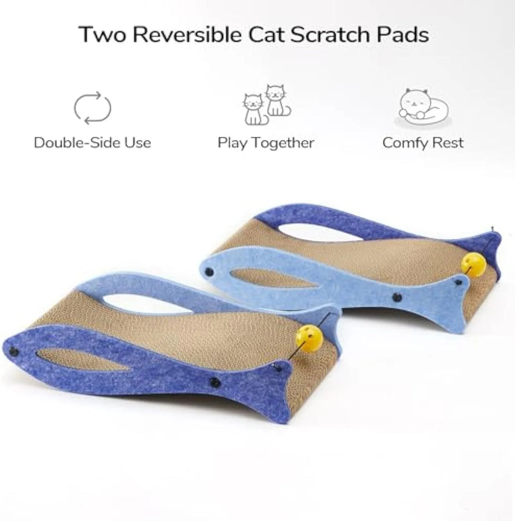 Blue fish-shaped cardboard cat scratcher lounge with a red bell ball toy on an elastic cord.