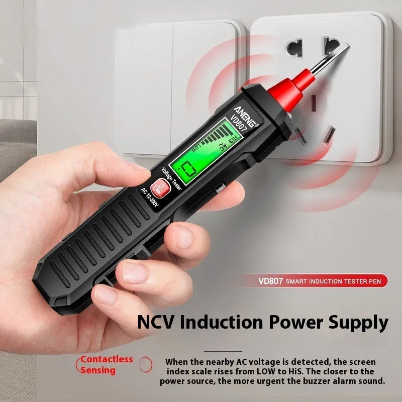 Black digital voltage testing pen with LCD screen showing voltage reading, used for zero line detection.