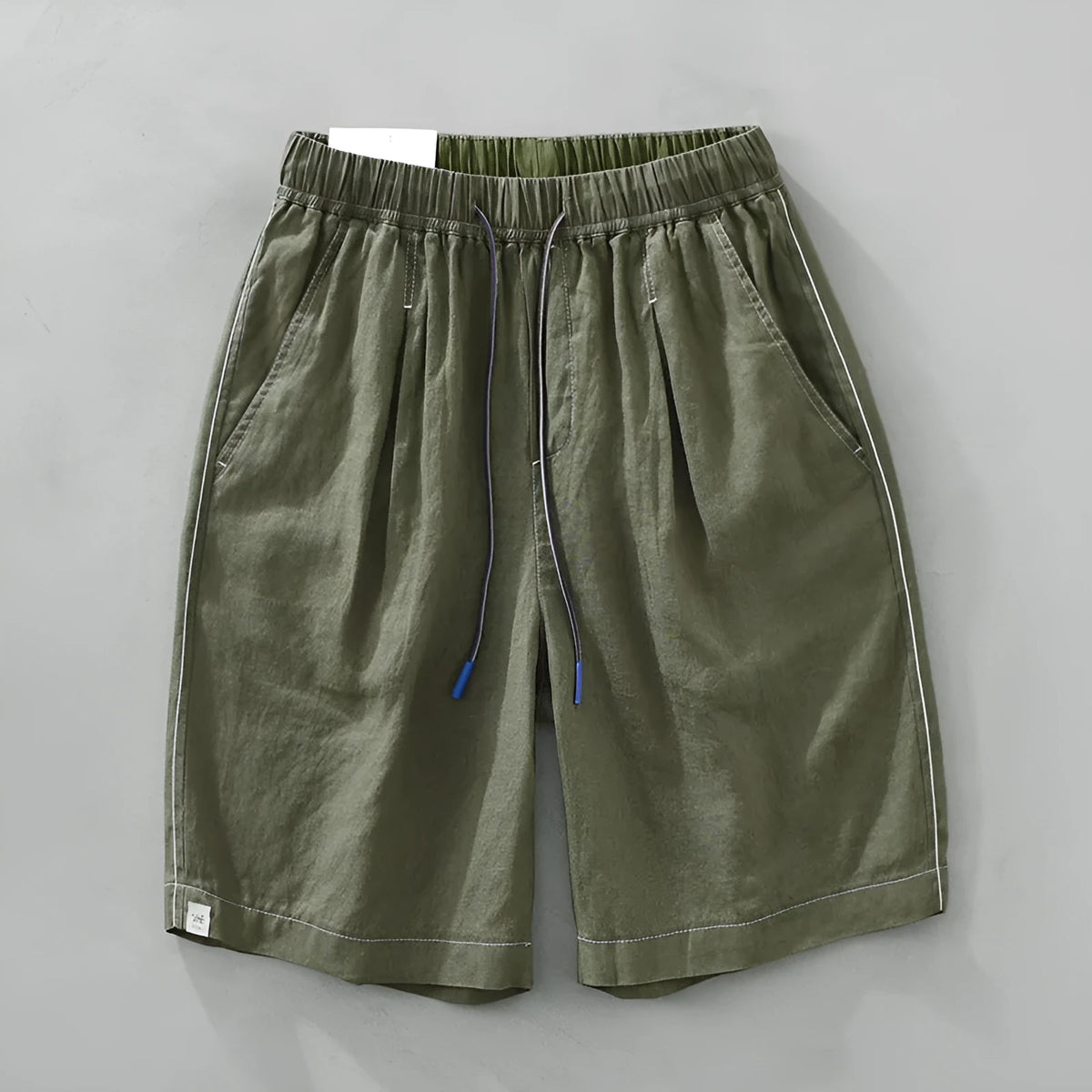 Men's loose straight linen shorts, mid waist drawstring, green or black, summer daily wear