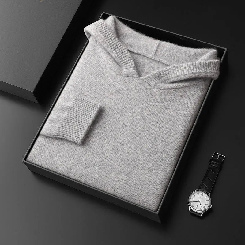Men's cashmere hooded thickened sweater in loose fit, solid black colour, long sleeve winter pullover