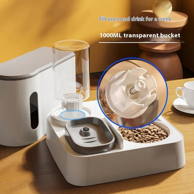 Grey cat automatic feeder and water dispenser station with integrated double bowls.