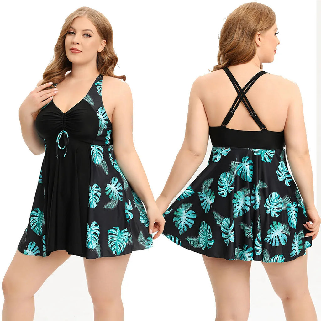 Women's conservative split swimsuit in leopard print, high elasticity nylon fabric, sizes L to 5XL