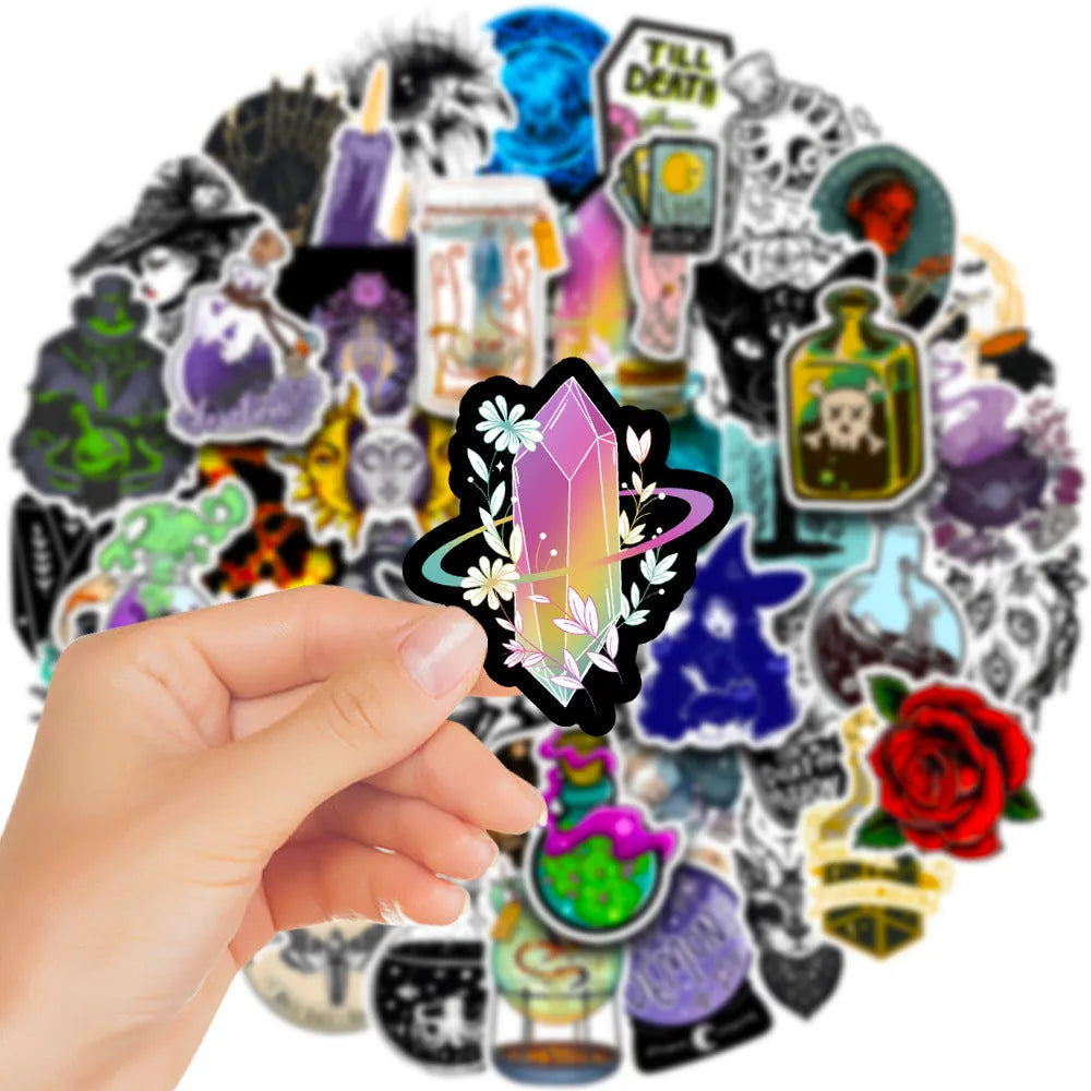 50 waterproof PVC stickers with glossy finish for laptop and skateboard decoration, sizes 3-8cm