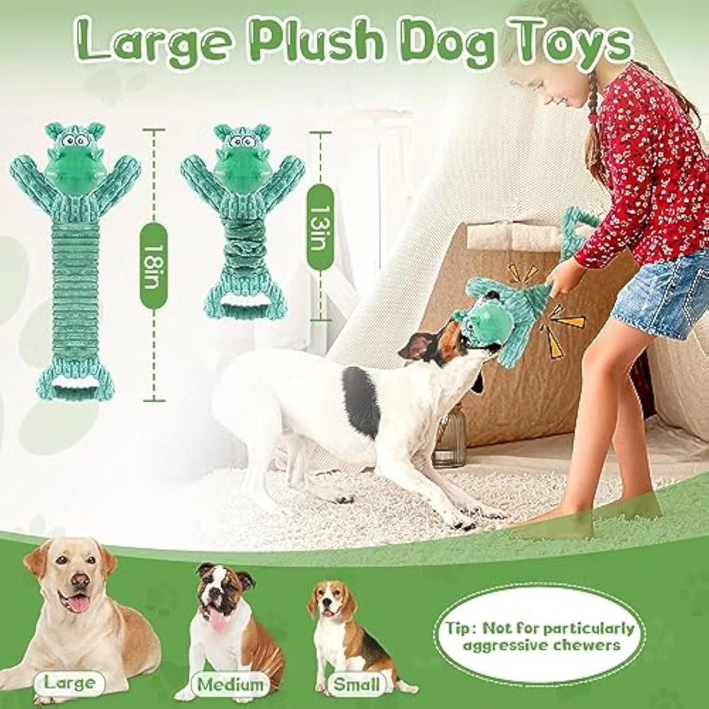 Large plush squeaky dog toy in bright colours with a handle, shown in Hippo and Monkey designs.