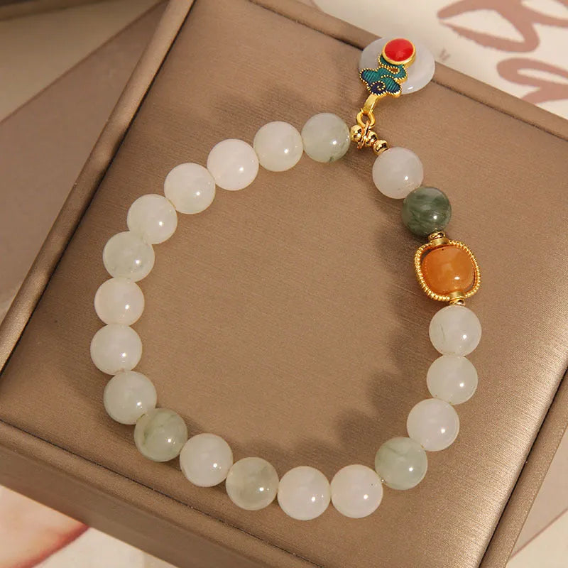 Women's ice jade crystal bracelet with Xiangyun peace jade buckle and pearl detailing