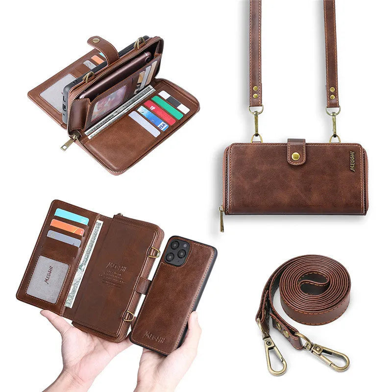 Black detachable wallet leather flip phone case shown open and closed, for Samsung Galaxy Note and iPhone models.
