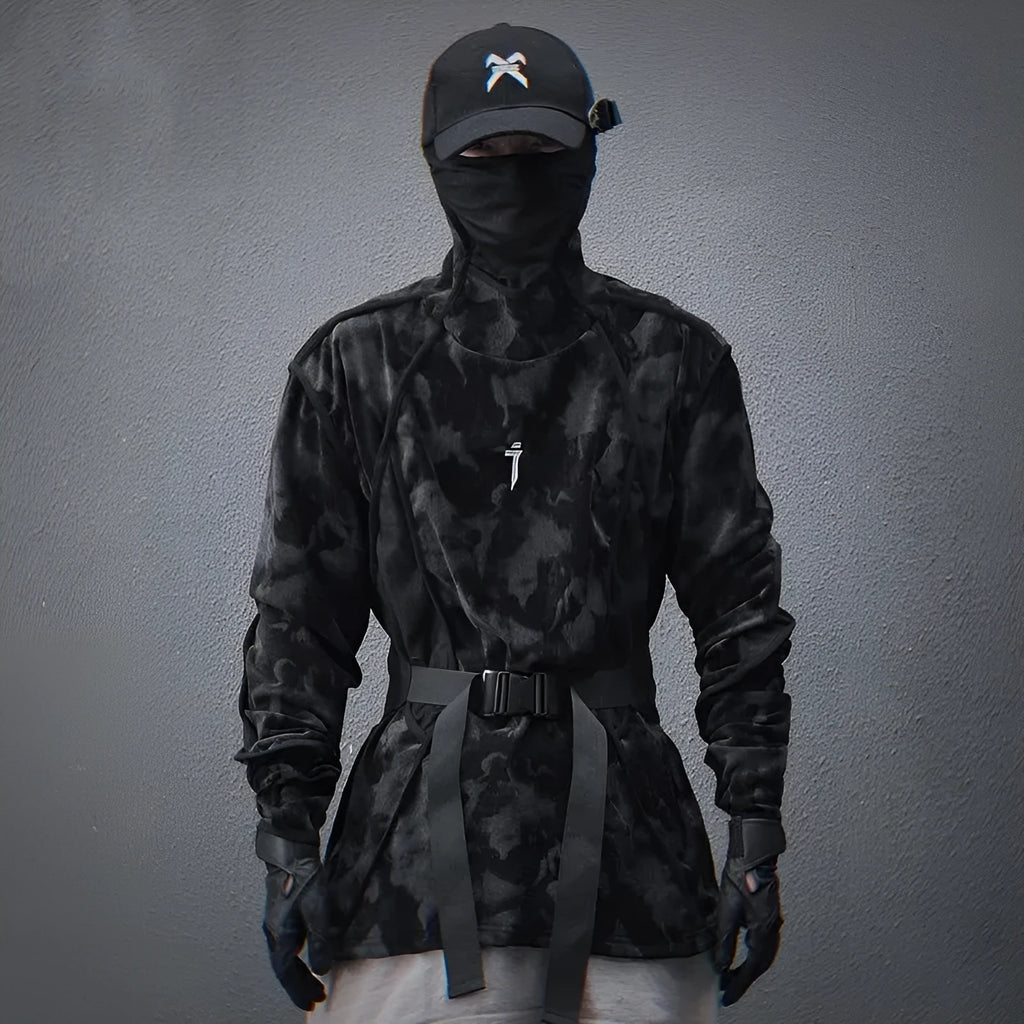 Men's black and gray tie dye print sweater with finger turtleneck and loose drop-shoulder sleeves.