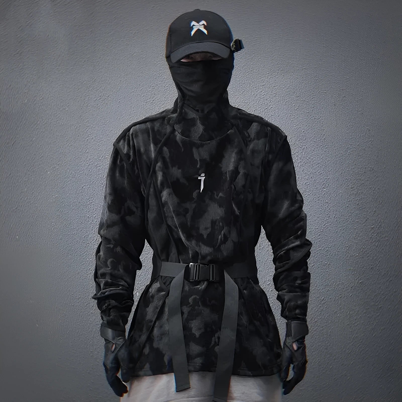 Men's black and gray tie dye print sweater with finger turtleneck and loose drop-shoulder sleeves.