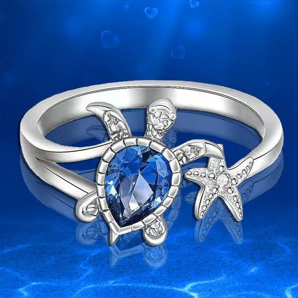 Blue alloy ring with turtle and starfish designs, women's vacation style, size 6-10