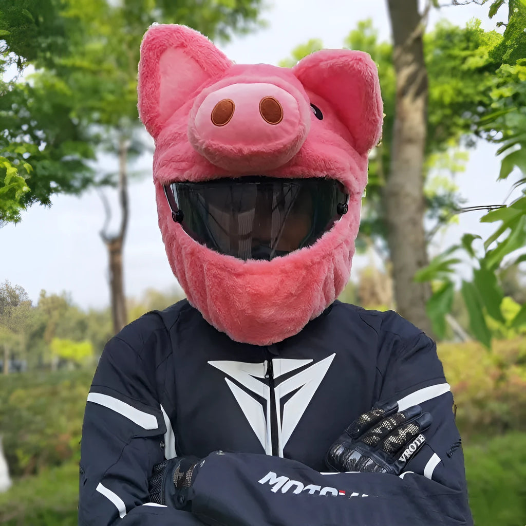 Pinkpig coloured plush helmet protective hood for motorcycles made from pv velvet cloth.