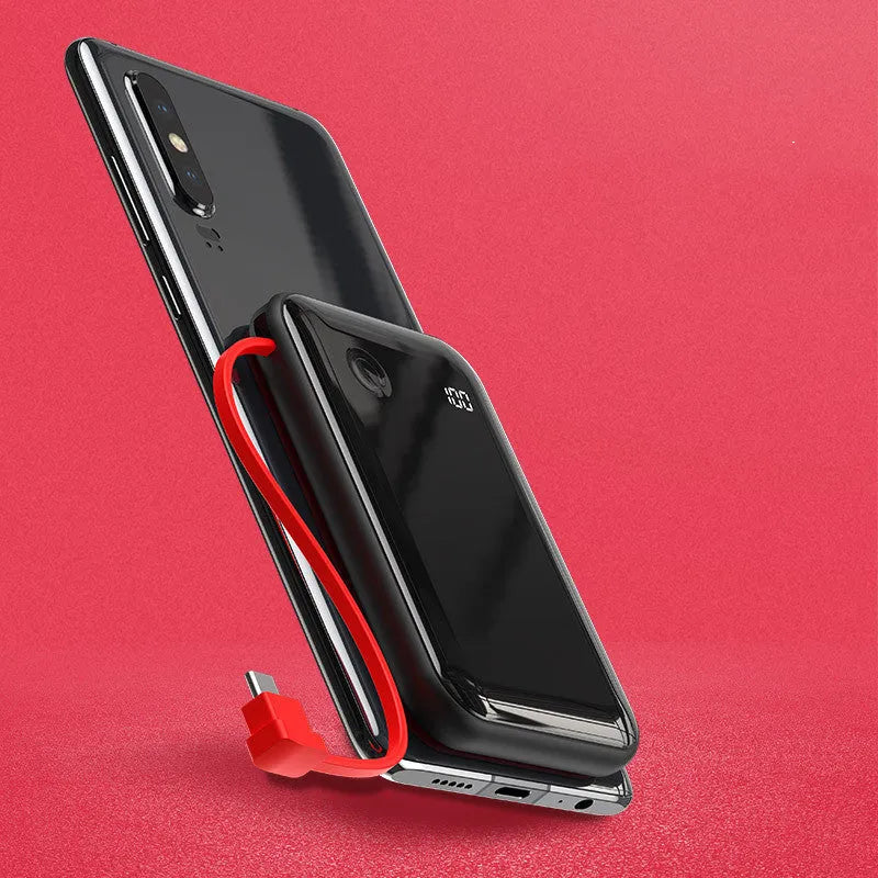 Small square 10000mAh power bank with digital display, built-in cable, black or red, 100*65*24mm