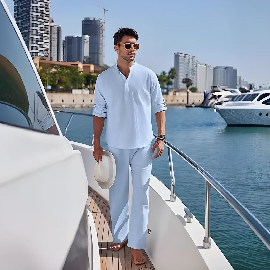 Men's cotton casual suit in solid colour with long sleeves and trousers for spring and autumn leisure wear