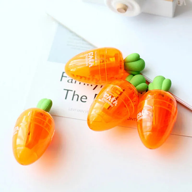 Cartoon carrot pencil sharpener with plastic shell, 7cm full length, 4cm blade, and carrot colour.