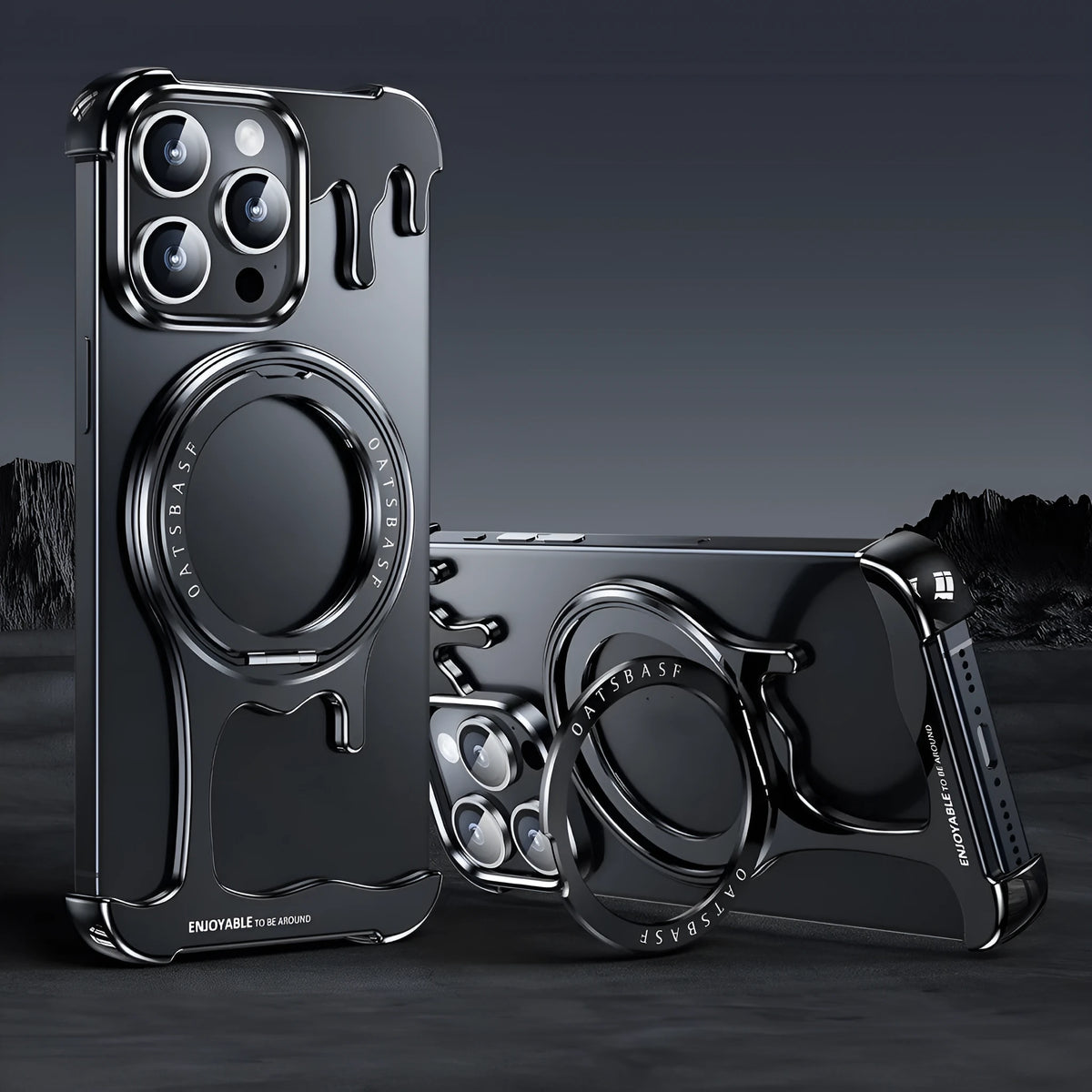 Liquid metal phone case with magnetic rotating bracket for Apple iPhone in Gentlemans black