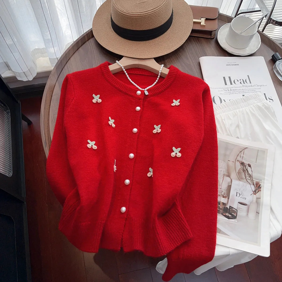 French sweet beaded cashmere sweater coat cardigan in slim fit, shown in blue colour.