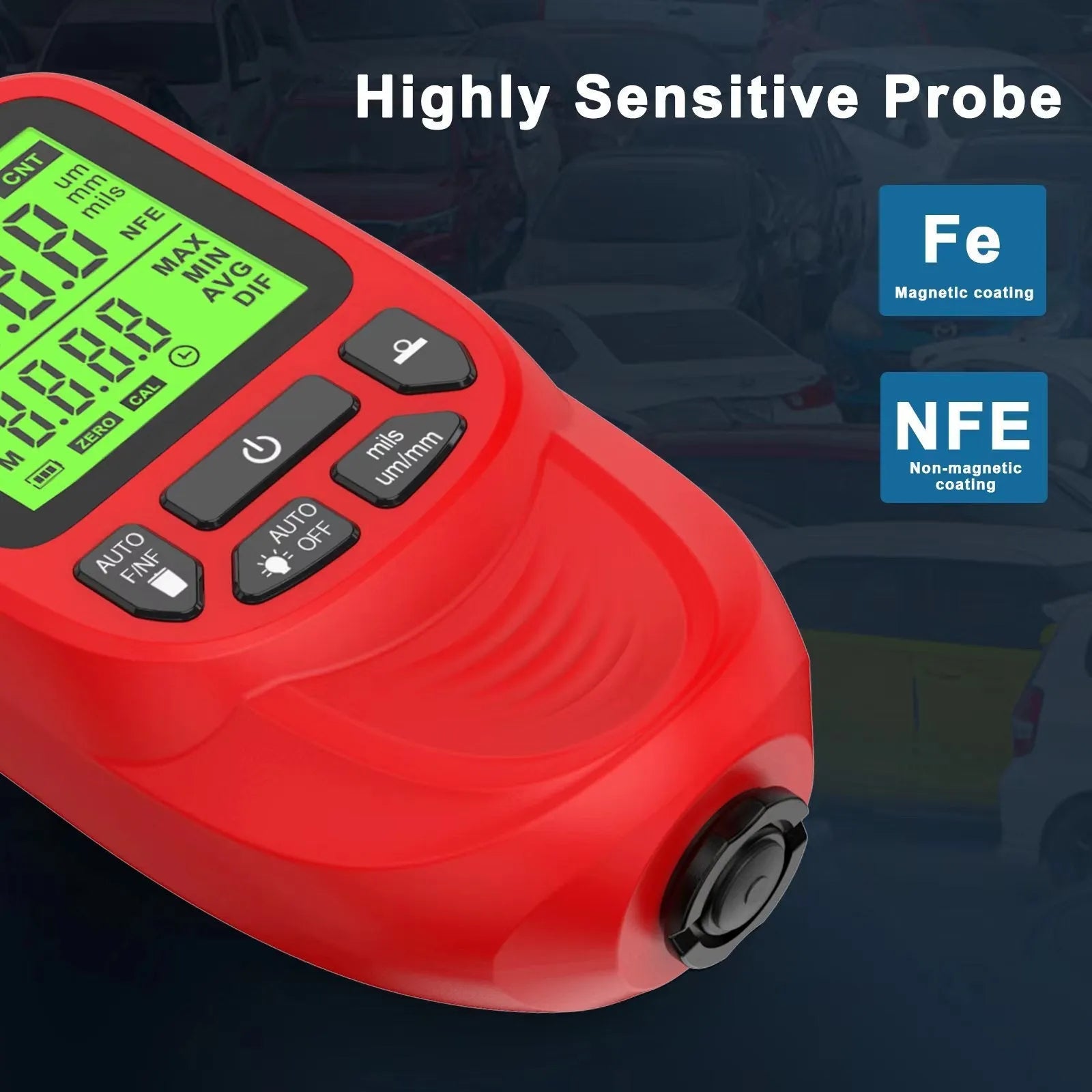 Hw-400s high precision coating thickness gauge in black ABS with LCD display, 142x68x53mm
